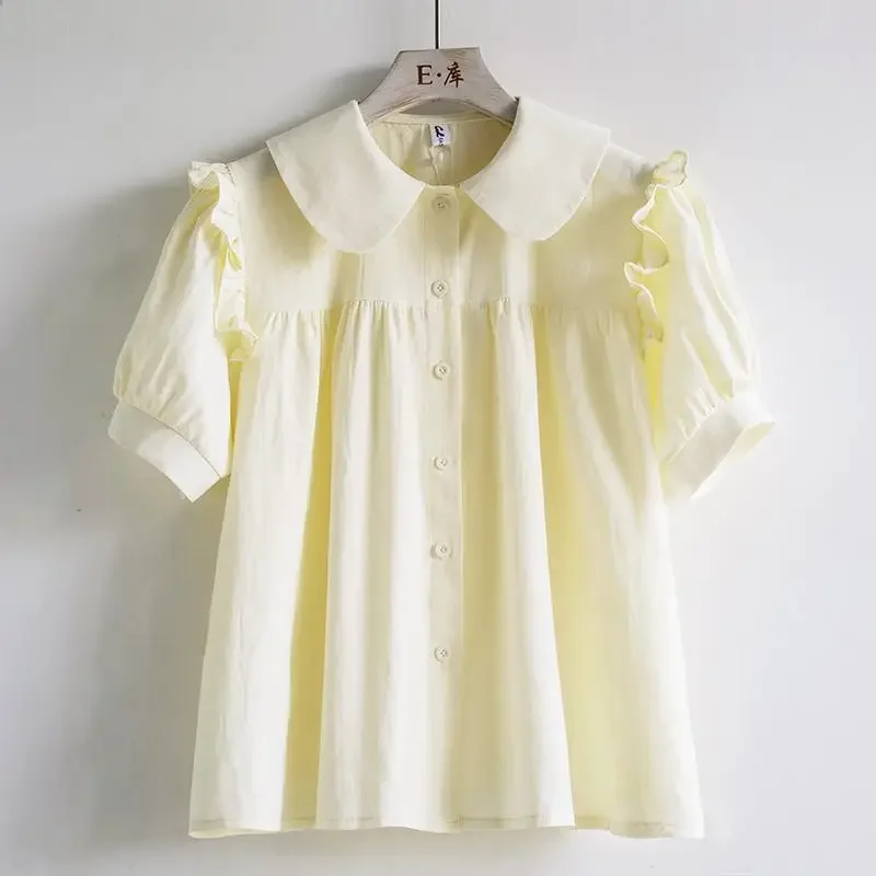 Grüner Peter-Pan-Kragen, einreihig, kurzärmelig, lockere Damenbluse, Hemd, koreanische Mode, weibliche Kleidung, Tops, 2026, Frühling