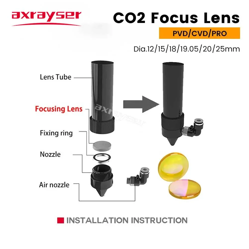 Axrayser CO2 Focusing Lens USA CVD China PVD ZnSe Dia.15 18 19.05 FL38.1 50.8 63.5 for CO2 Laser Engraving Cutting Machine