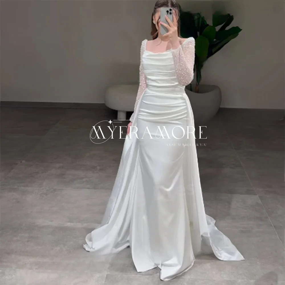

Elegant Evening Dresses Square Neck Long Sleeve Prom Dresses Pleated Straight Formal Cocktail Gown فساتين سهرة Customized
