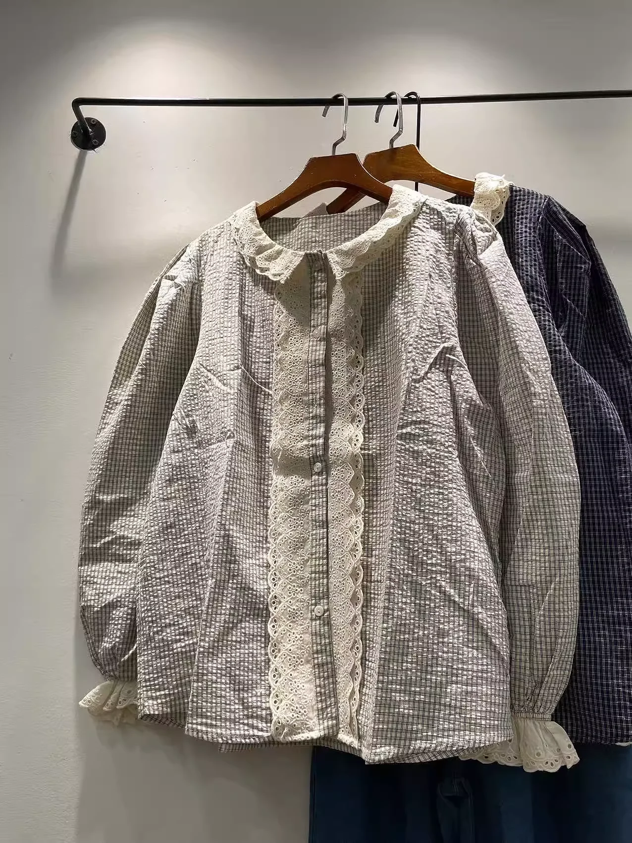 

Autumn clothes woman Japanese style lace collar beige blue check shirts long sleeve blouses cotton cute clothes