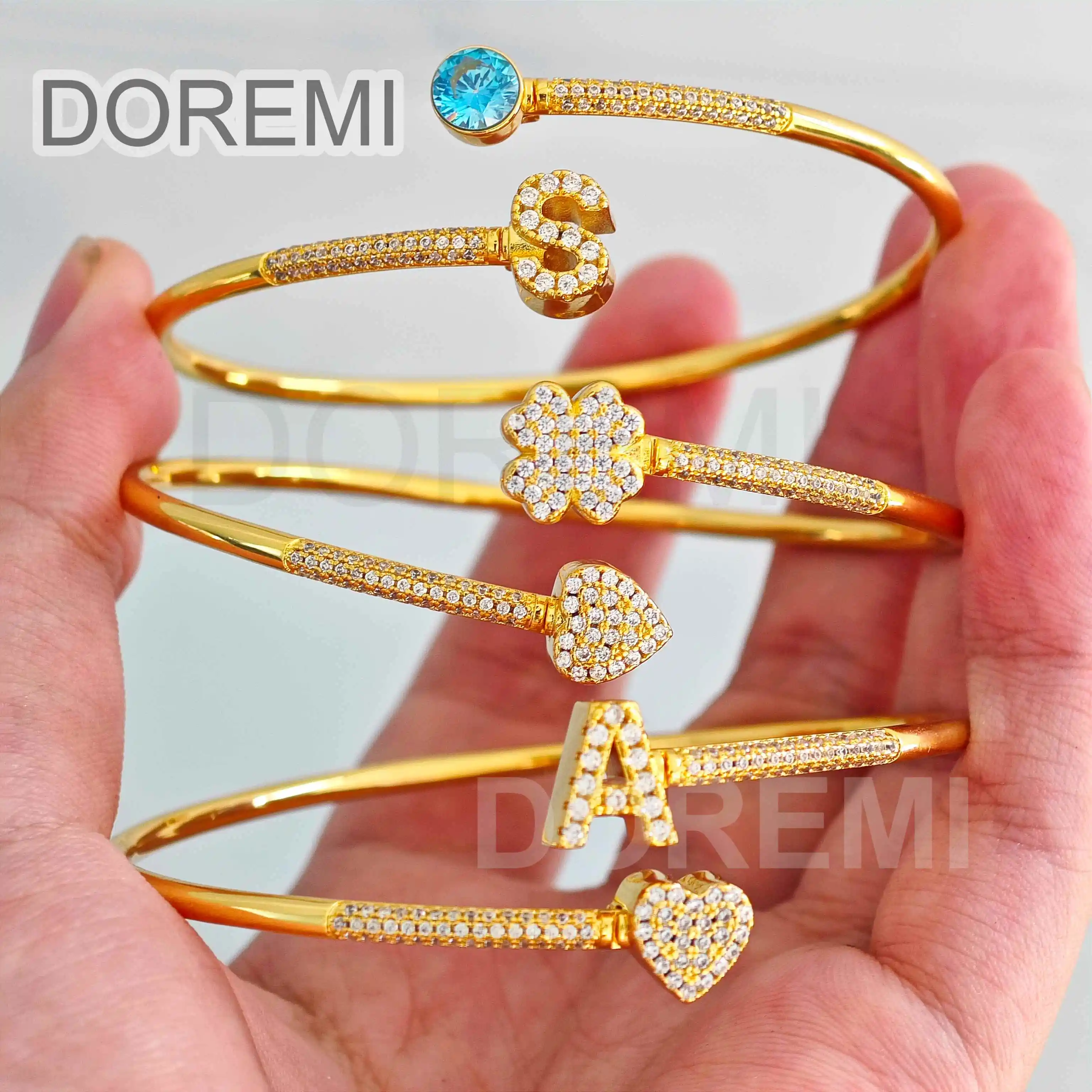 DOREMI Ready To Ship Stagger Bangle Initial Letter Bracelet Gift Jewelry Full Crystal Birthstone Charms Heart Sprial Bangles