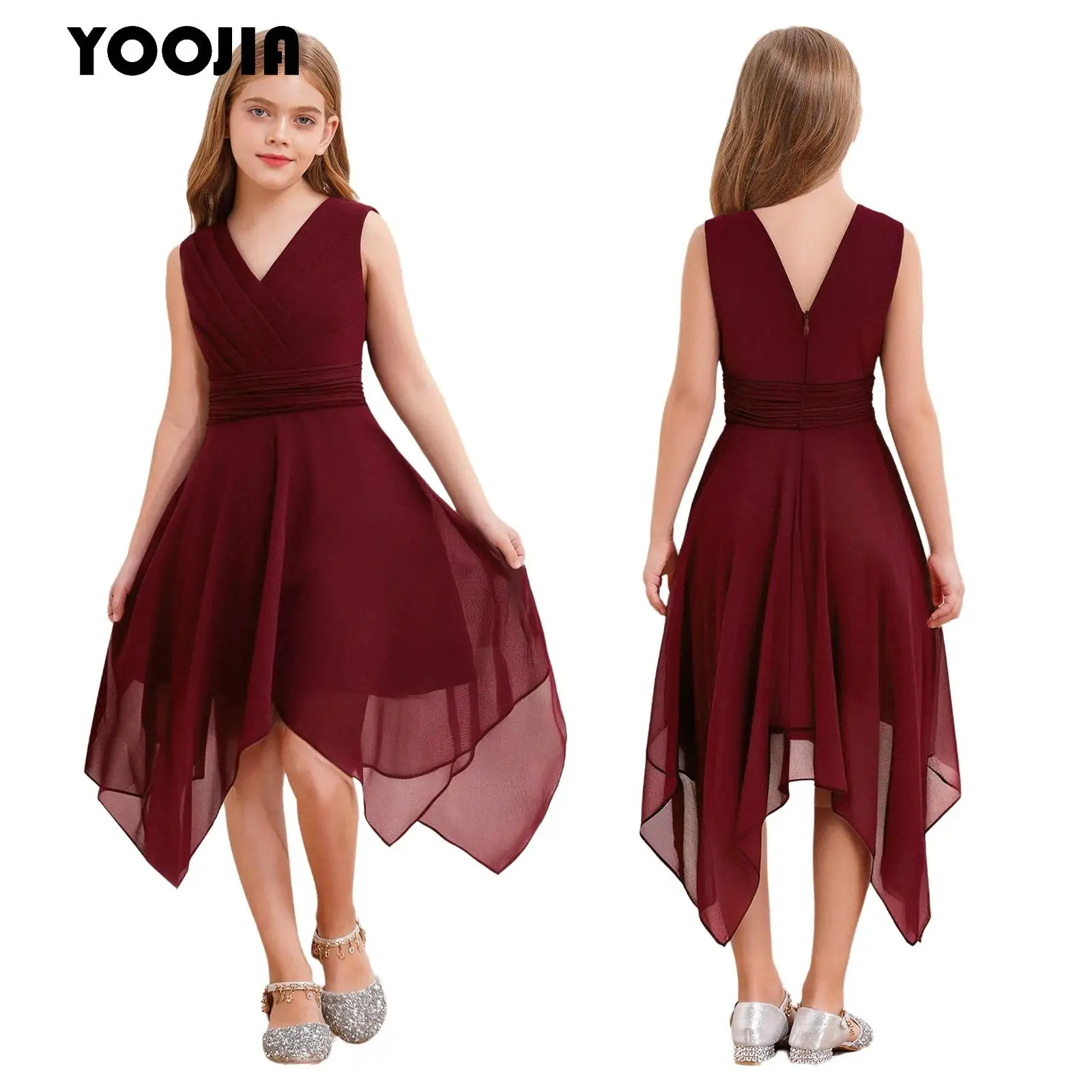 

Kids Girls Summer Chiffon Dress V Neck Sleeveless Asymmetric Hem Pleated Waist Princess Party Pageant Dress Casual Costume