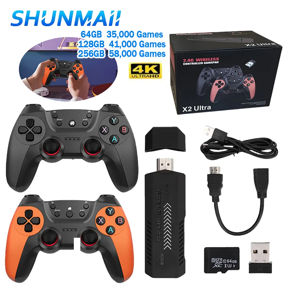 X2 Ultra 4Kゲームスティック ミニTVビデオ 携帯ゲーム機 64G 128G 256G 35000種類以上のレトロゲーム ワイヤレスゲーム機 アーケードエミュレータ