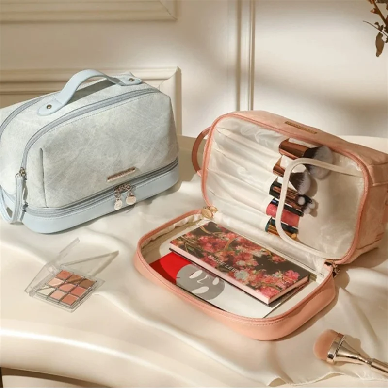 Multi Compartment Cosmetic Organizer Double Layer PU Leather Waterproof Lining Cosmetic Tools Organizer Bag for Makeup Brushes