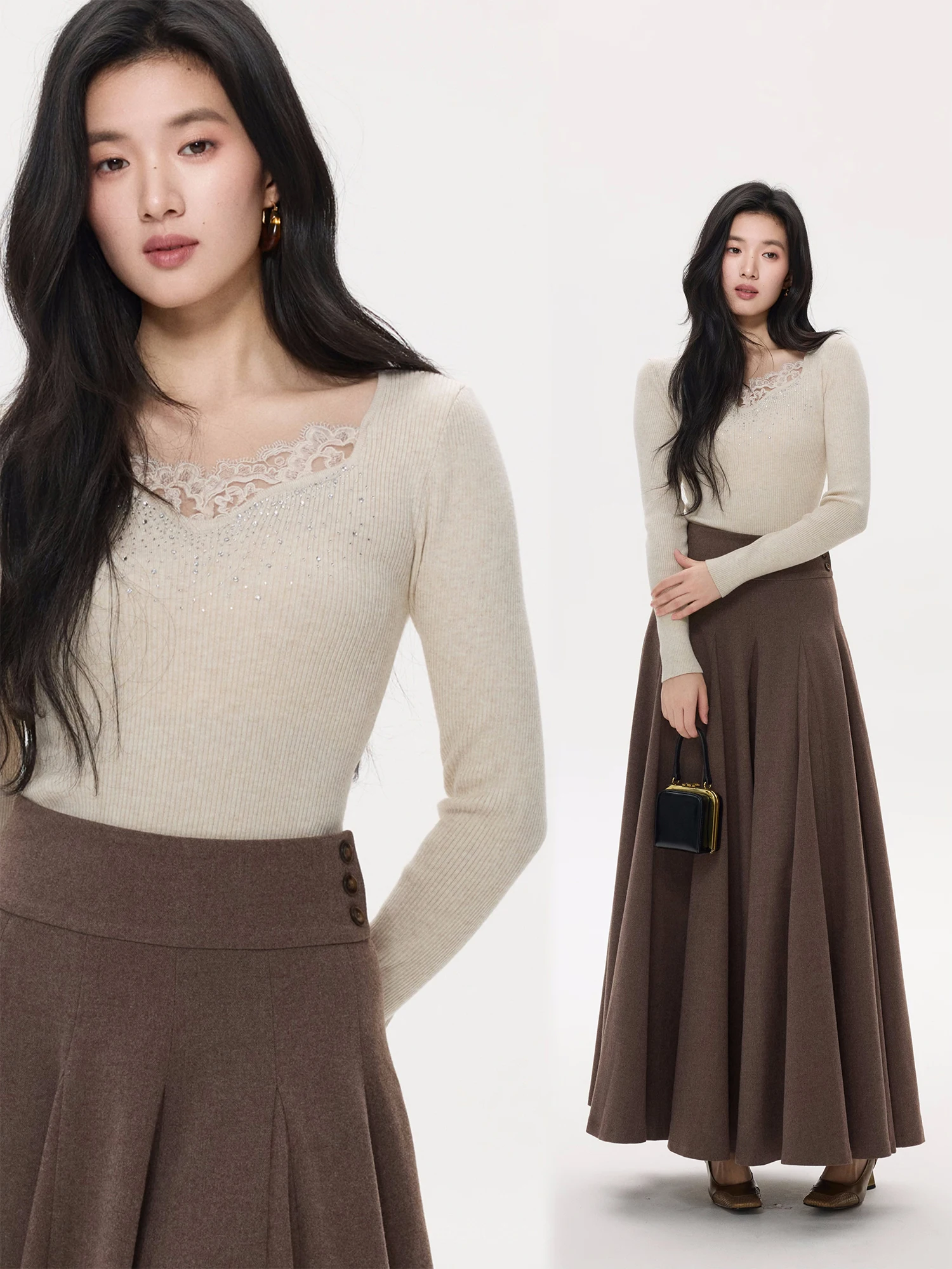 

Women's Knitted Wool Long Sve V-Ne Base irt with Rhinestone Lace Trim Commute Sle Winter New Faion Top