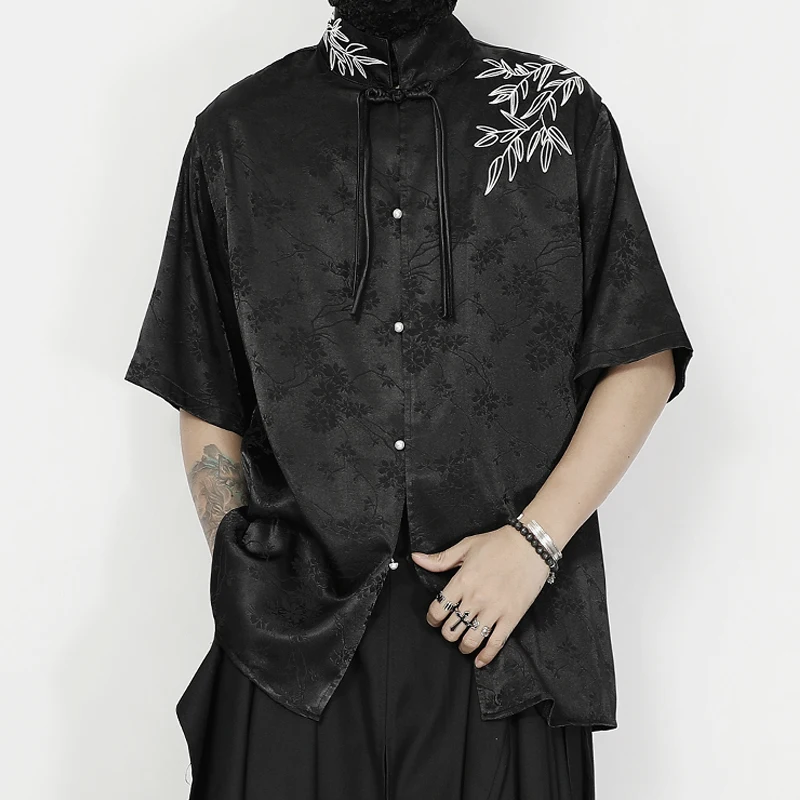 NDNBF yamamoto style homme 2024 New Summer Chinese Casual Button Embroidered Loose Standing Neck Short sleeved Shirt