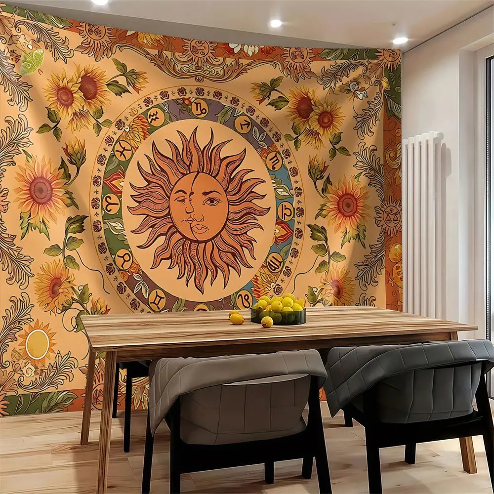 Boho Sunflower Sun Moon Zodiac Tapestry Wall Hanging Digital Print Wall Tapestries Aesthetic Room Decor Bedroom