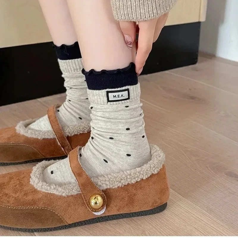 Женские милые носки с оборками в горошек, мягкие хлопковые дышащие повседневные модные длинные носки в консервативном стиле, удобные новые носки