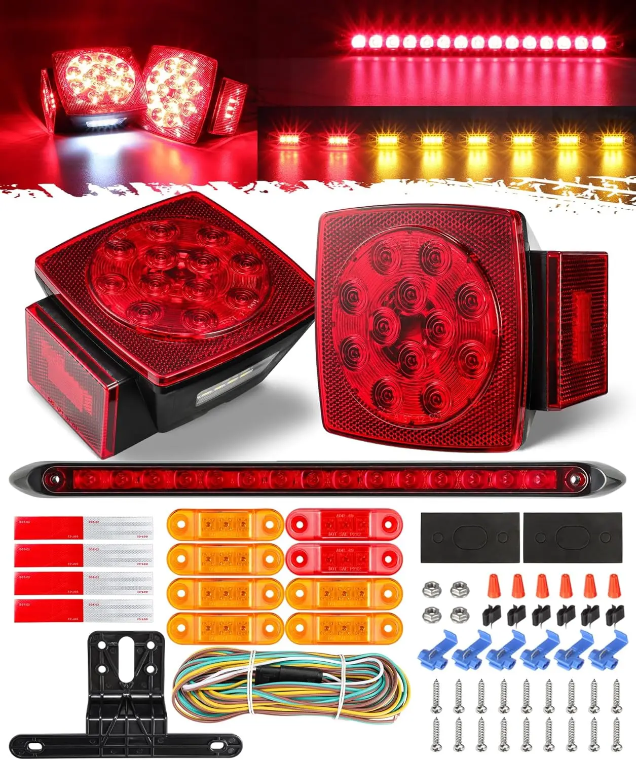 

Submersible LED Trailer Lights Kit, Square Tail + Light Bar + 8 Side Markers, 25FT Harness, 12V