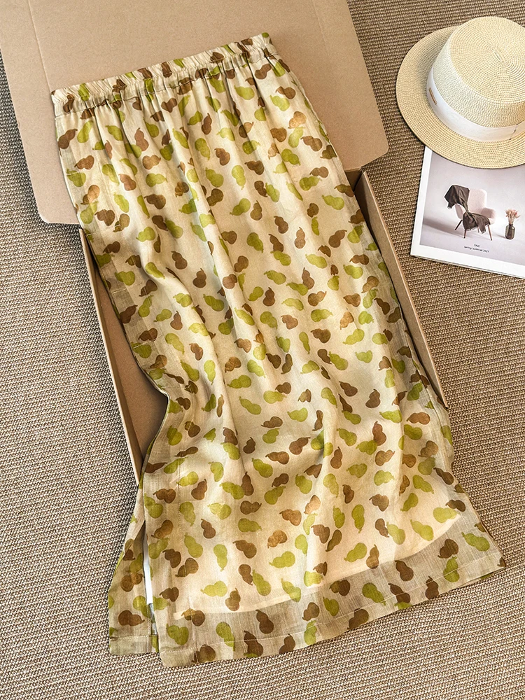 

Retro Artistic Flax Floral Print A-Line Midi Skirt plus Size Loose Casual High Waist Drawstring Women's Long Skirts