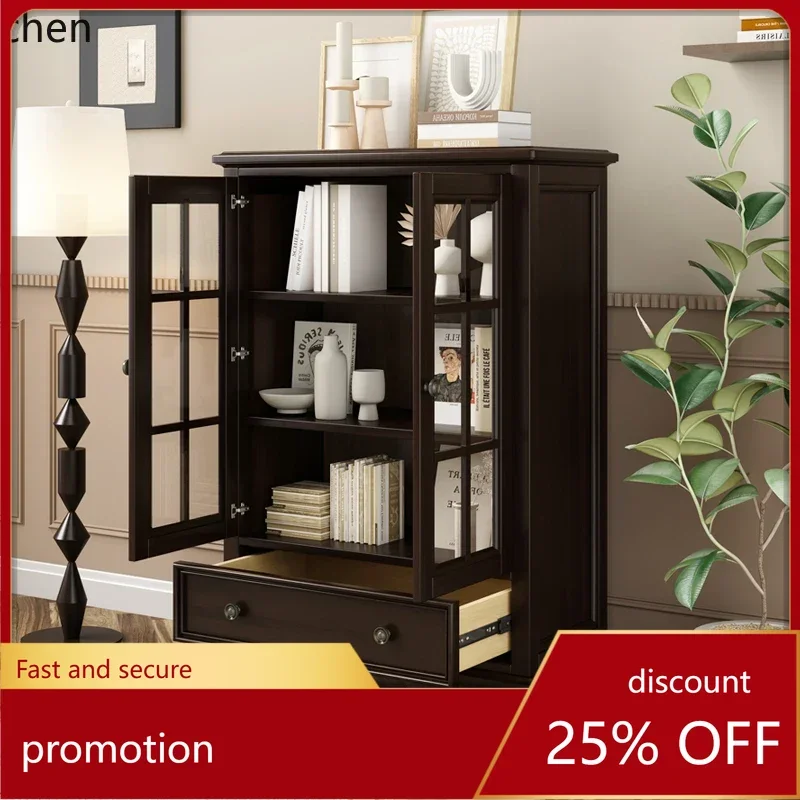 

HXL Living room locker wine cabinet pure solid wood small apartment black walnut retro glass cabinet