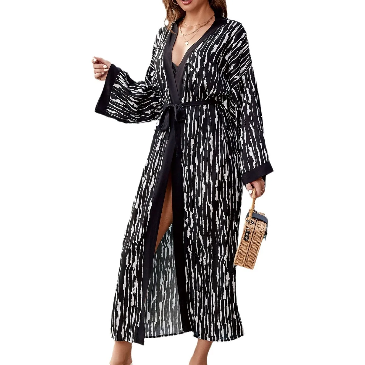 كيمونو بوهو مطبوع بأكمام مضيئة للنساء ، فستان شاطئ فضفاض ، مقاس كبير ، غطاء بيكيني