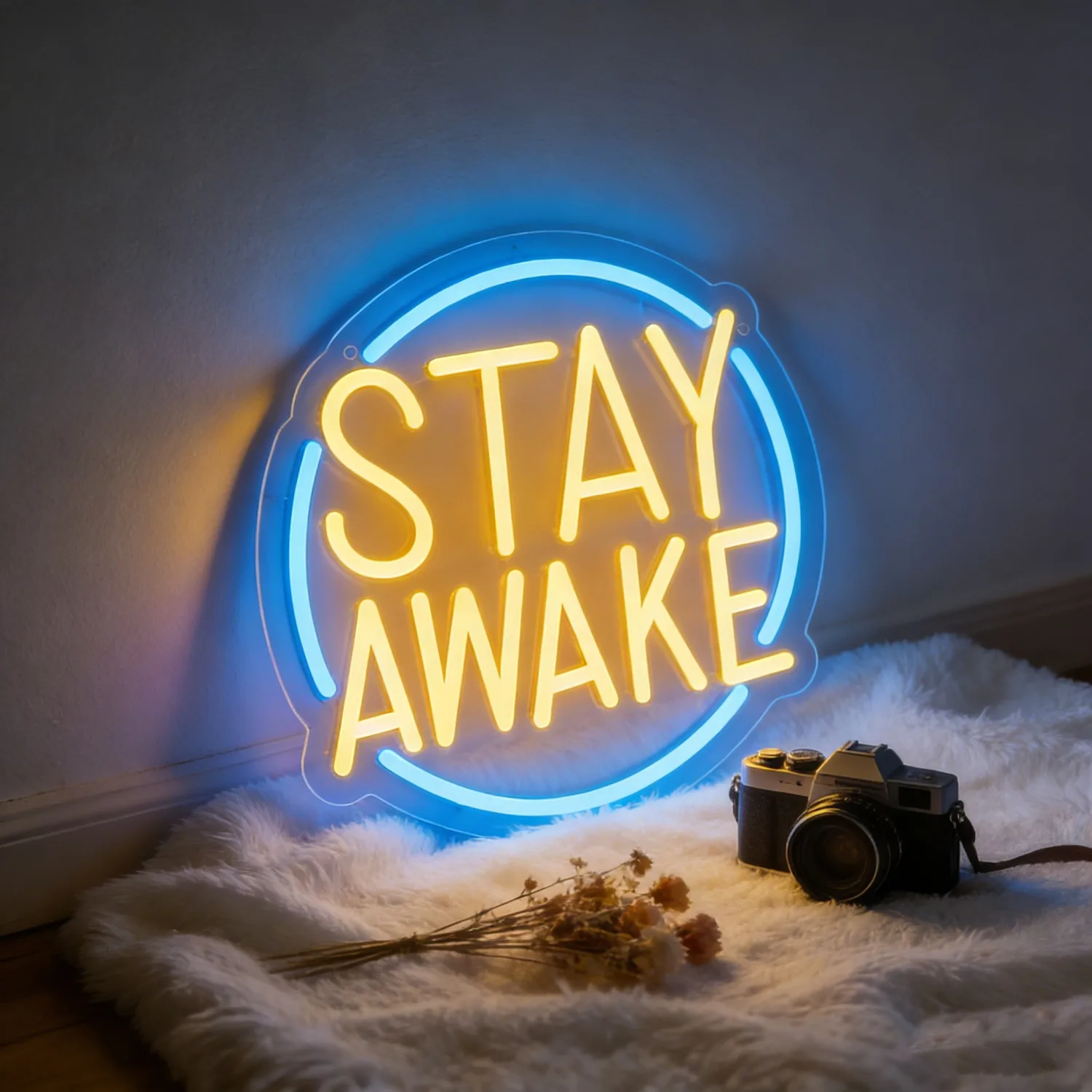 Stay Awake Neon Sign LED Light Circle Wall Art Sign for Bedroom Office Desk Decor Aesthetic Mood Lighting Inspirational Gift