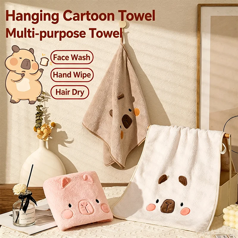 Hanging Cartoon Capybara Hand Face Towel Soft  Multi‑Purpose Absorbent Towel for Washing Face Hand Drying Hair Bathroom Home Use
