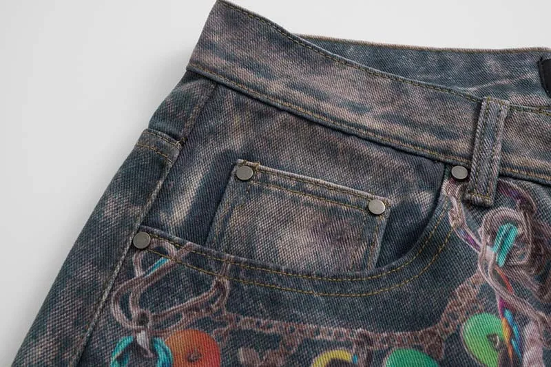 Men's High Street 3D Printed Jeans Pants Fashion Streetwear Loose Fit Vibe Style Denim Trousers Painted Wide Leg Jeans