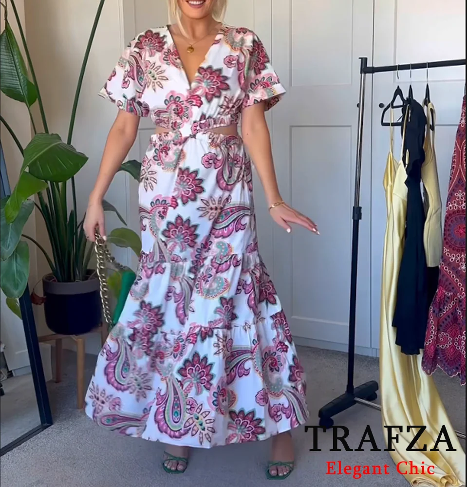 

TRAFZA-Women Vintage Flower Print Midi Dress Waist Cross Hollow Long Dress 2025 New Summer Fashion Holidays Bohemia Casual Dress