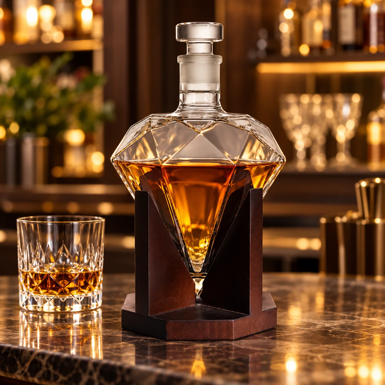 Unique Diamond‑Facetted Glass Decanter With Wood Base 850ml Large Capacity Wine Bottle For Whisky Brandy Vodka Home Ornament
