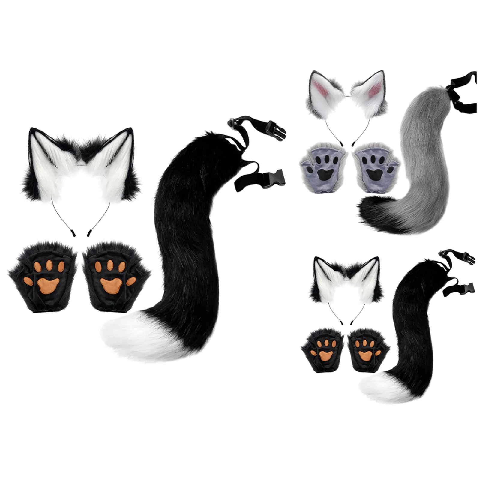 4Pcs Therian Foxes Cat Costume Set Faux Fur Plush Fox Ears Headband with Tail Paw Gloves Adult Animal Fancy Dress up Akcesoria