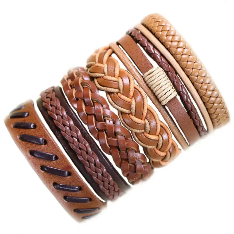 Hand-knitted 6Pcs/lot Trendy Genuine Leather Bracelets Men Multilayer Braided Rope Bracelets for Male Female Bracelets Jewelry