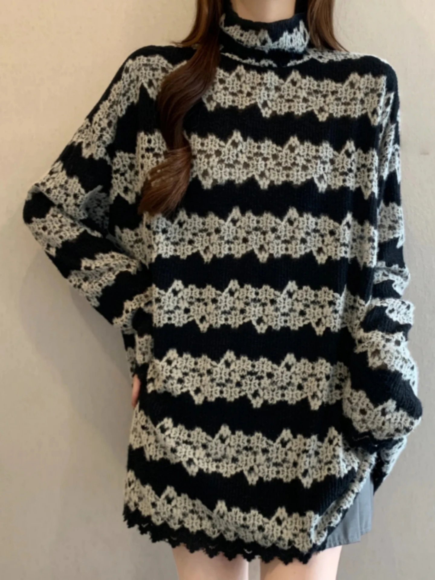 Lace High Collar Long Sleeve Base Shirt Women's Autumn Spring plus Size Slimming mid Length Butt Covering Top Korean Style
