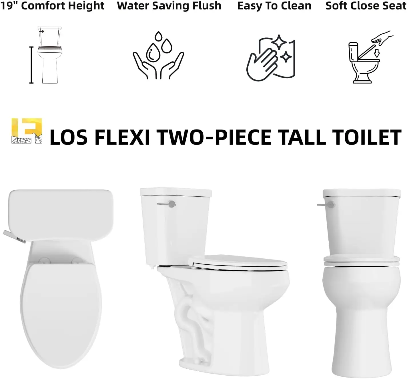 19 Inch Tall Toilet for Seniors, Elongated bowl & ADA Comfort High Toilet, Extra Tall Two-Piece Toilets for Bathroom, 1.28 GPF S