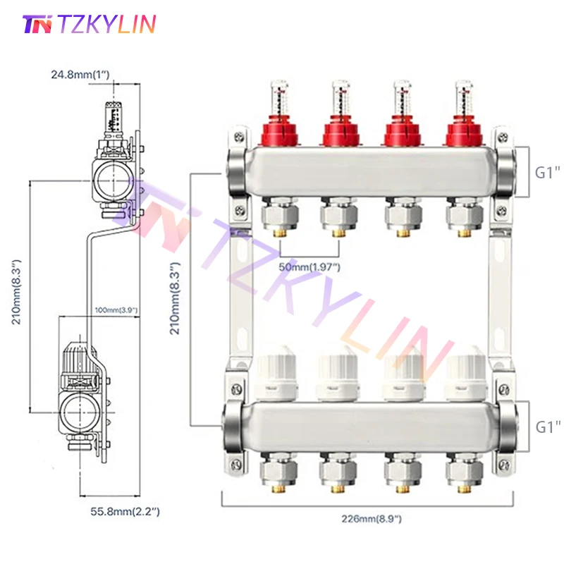 Stainless Steel S304 Underfloor Heating Manifold Kit, with Flow Meter & Thermostatic Screw, G1