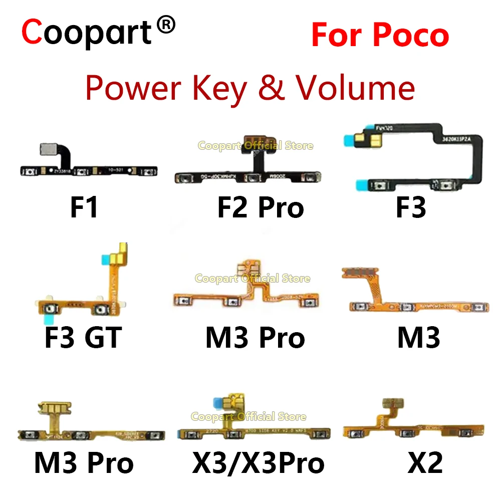 Coopart Power Key on off Volume Side Button Flex Cable For Xiaomi Poco F1 F2 F3 X2 X3 NFC GT Poco M2 M3 Reloaded Pro 5G