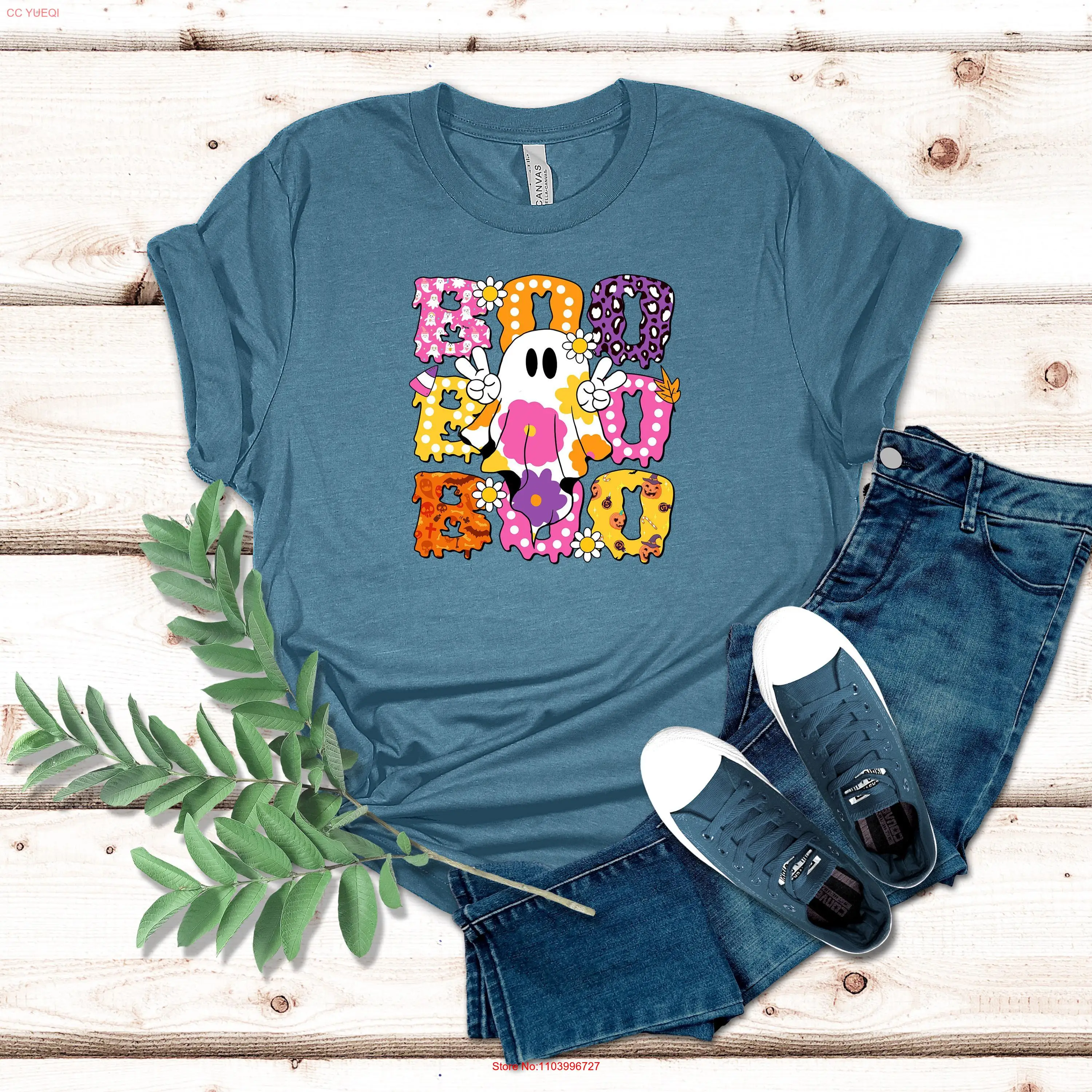 

Halloween Boo T Shirt Ghost Spooky Floral For Women long or short sleeves