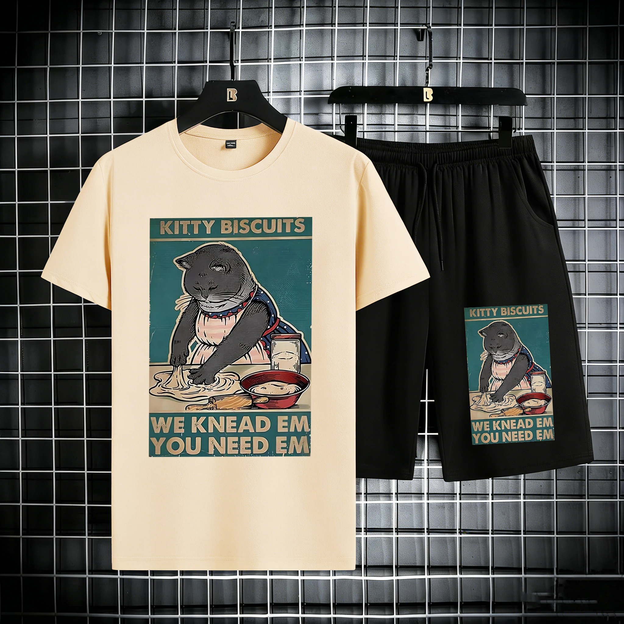

Cat Knead Em Cat Need Em Design Summer Cotton Simple T Shirt Sets Man Basics Breathable Tops Jogging Comfortable Sportpants
