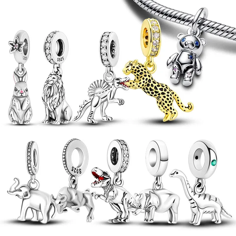 925 Sterling SIlver Animal Dinosaur Lion Wolf Tiger Rabbit Pendant Fit Charm Pandora Bracelet DIY Fine Jewelry Making for Women