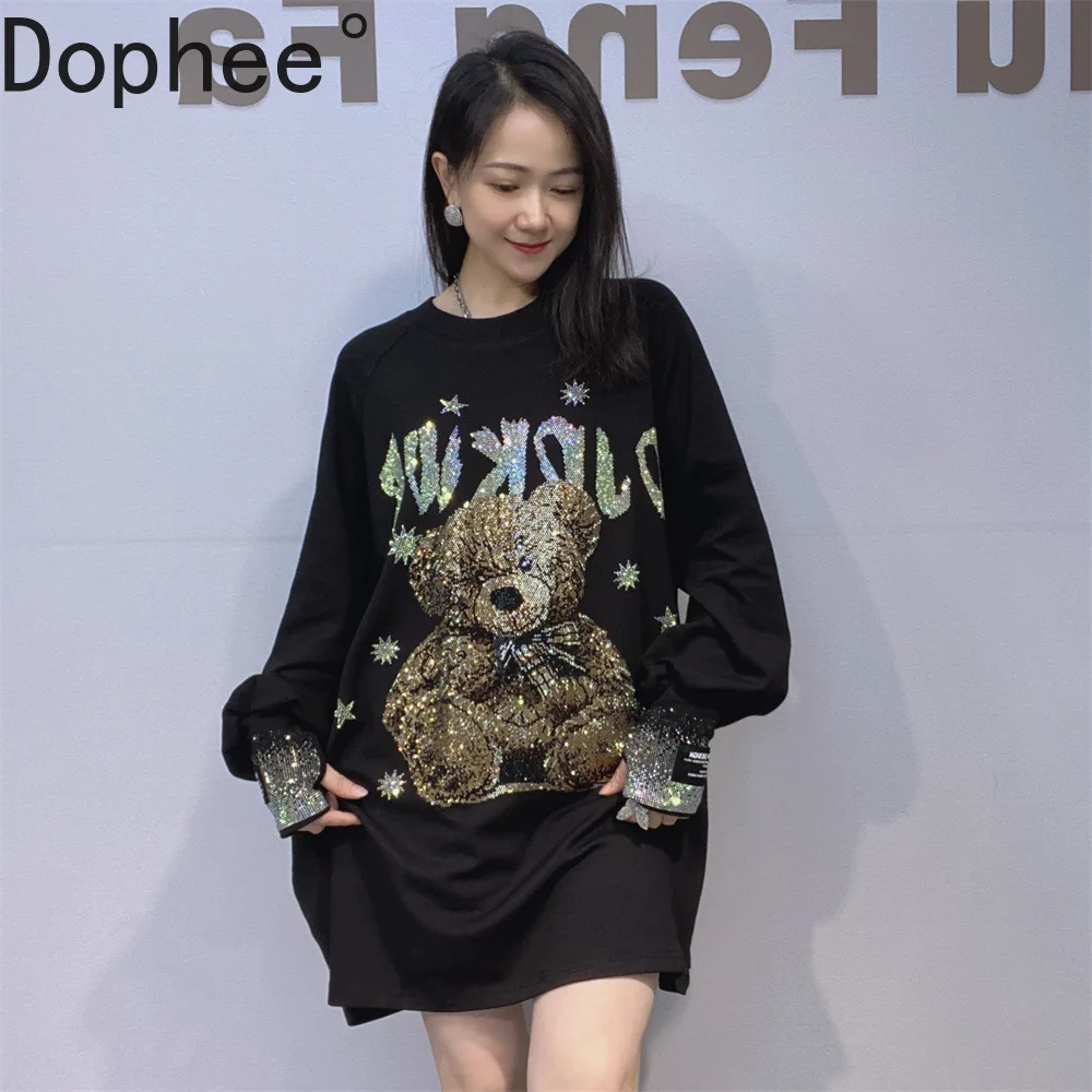 Trendy Spring Autumn Black Long Sleeve T-shirt Shiny Cute Bear Hot Drilling Oversize Pullover Top Mid-long Women Basic Tees