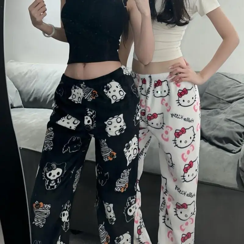 

Женские пижамные штаны Sanrio Hello Kitty, фланелевые, для домашней носки, новые, утепленные, на флисовой подкладке, теплые, повседневные, с мультяшным рисунком, осенне-зимние, милые