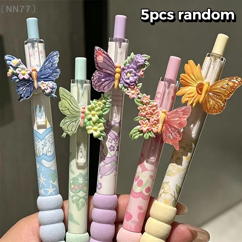 〔NN77〕5Pcs/Set Black Gel Pens Random Color Floral Butterfly Designs Quick Drying Girly Ins Style Ideal For Office Study Exam Use