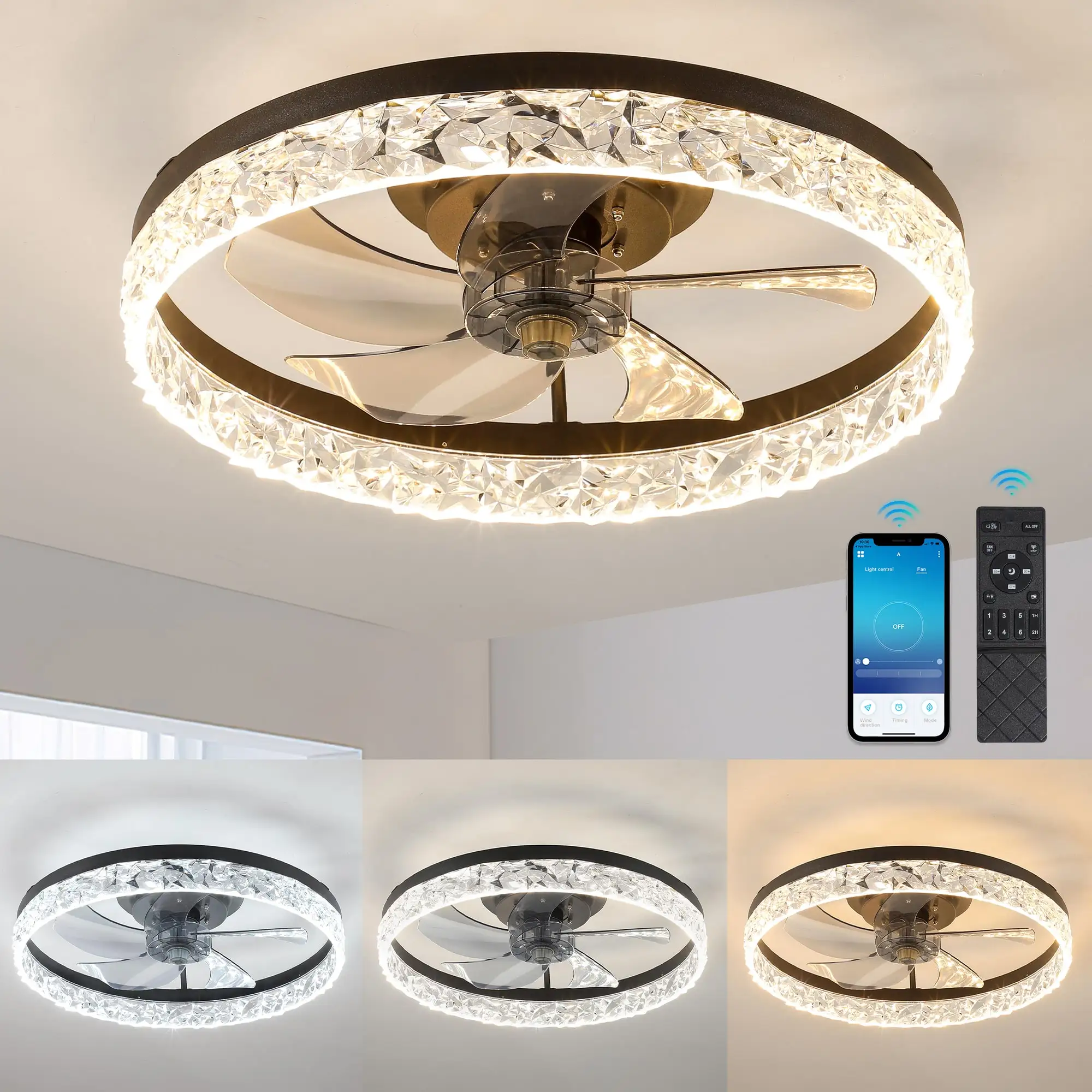 19.7-inch LED Ceiling Fan Light with Remote Control, 3 color temperature(3000K/4500K/6000K), Energy Efficient, Quiet Operation