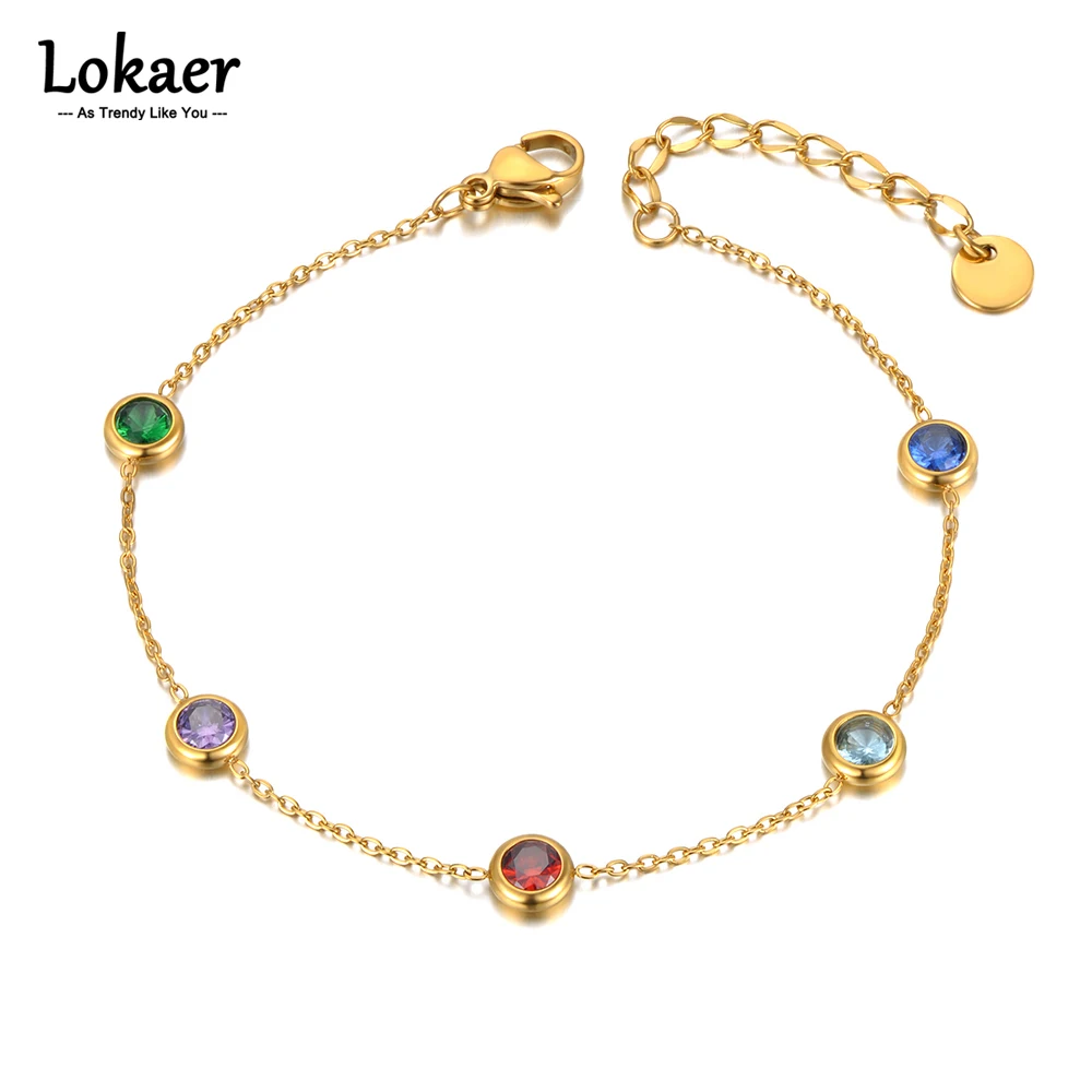 Lokaer Stainless Steel Colorful Cubic Zirconia Charm Bracelets For Women 18K Gold Plated Bohemia Chain Bracelet Jewelry B21152