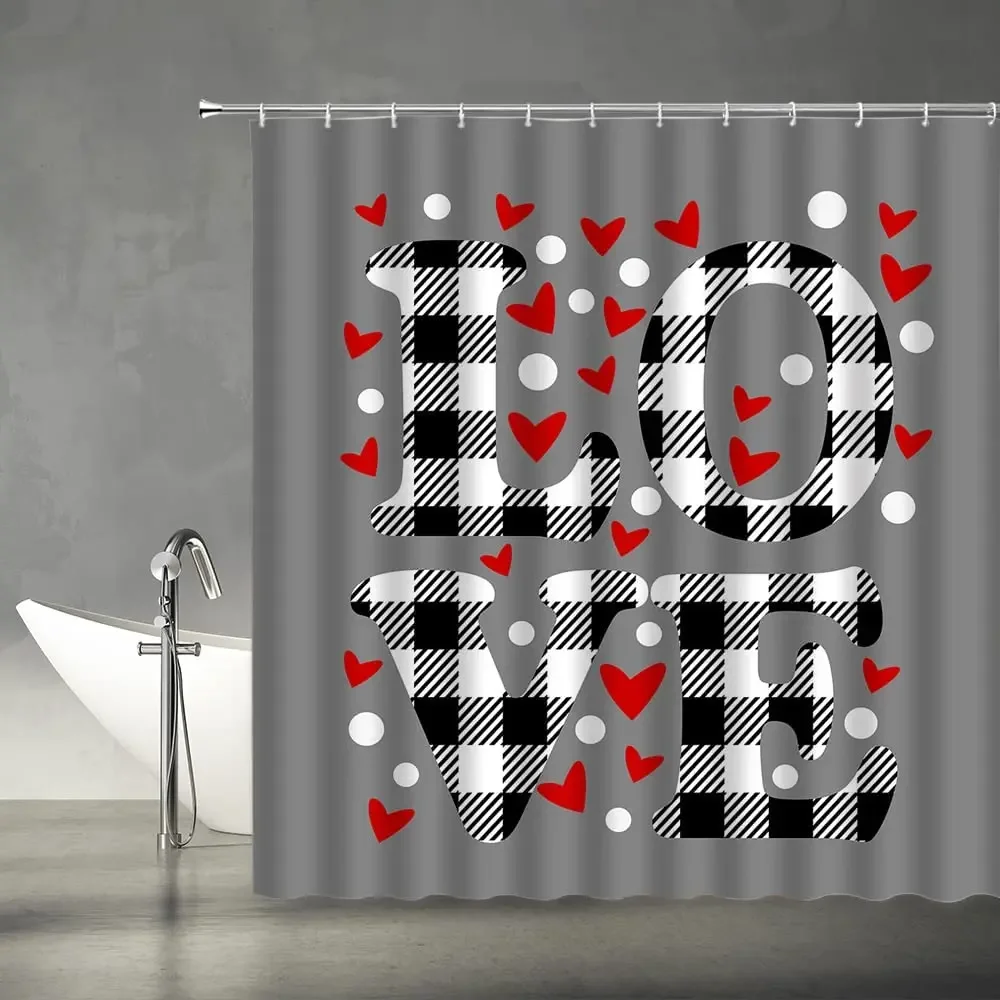 Valentine's Day Shower Curtain Red Love Heart Black Teal Buffalo Check Plaid Polka Dots Fabric Home Bathroom Decor Set with Hook