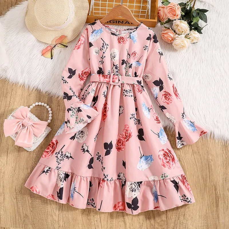 

Kids Casual Dress for Girls Clothes 2024 Autumn Winter New Children Fashion Floral Print Pink Princess Dress with Belt 7-14Y
