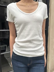 White V-neck Basic Slim T-Shirts Women Summer Simple Cotton Short Sleeve T Shirts Vintage Streetwear Solid Casual Tees Y2k Tops