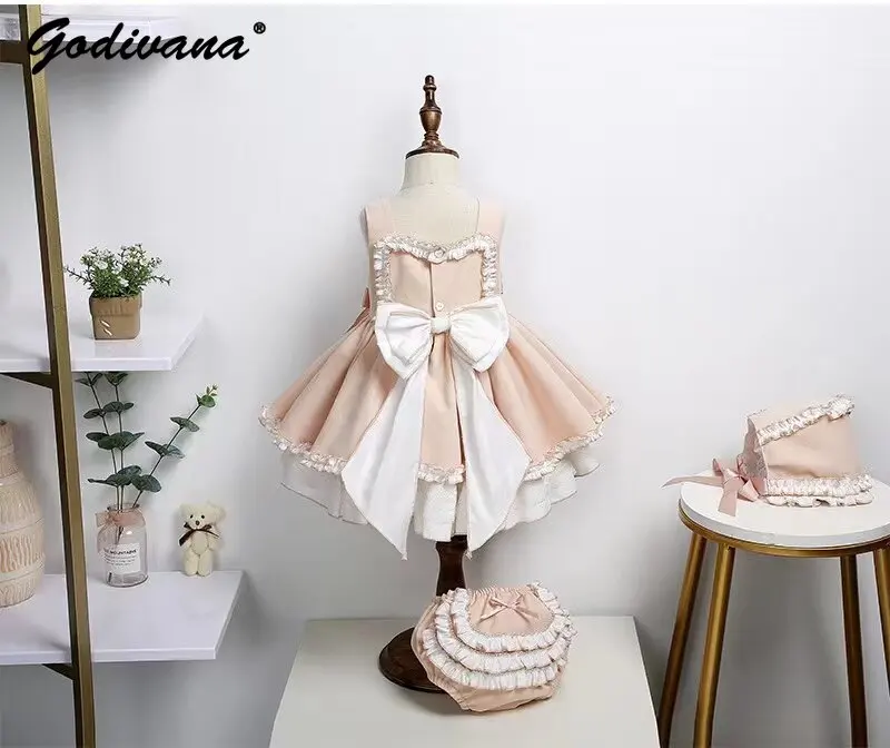 Original Baby Girls Spanish Princess Lolita Dress Sweet Little Girls High End Heavy Embroidery Bow Ruffle Trim Suspender Gown