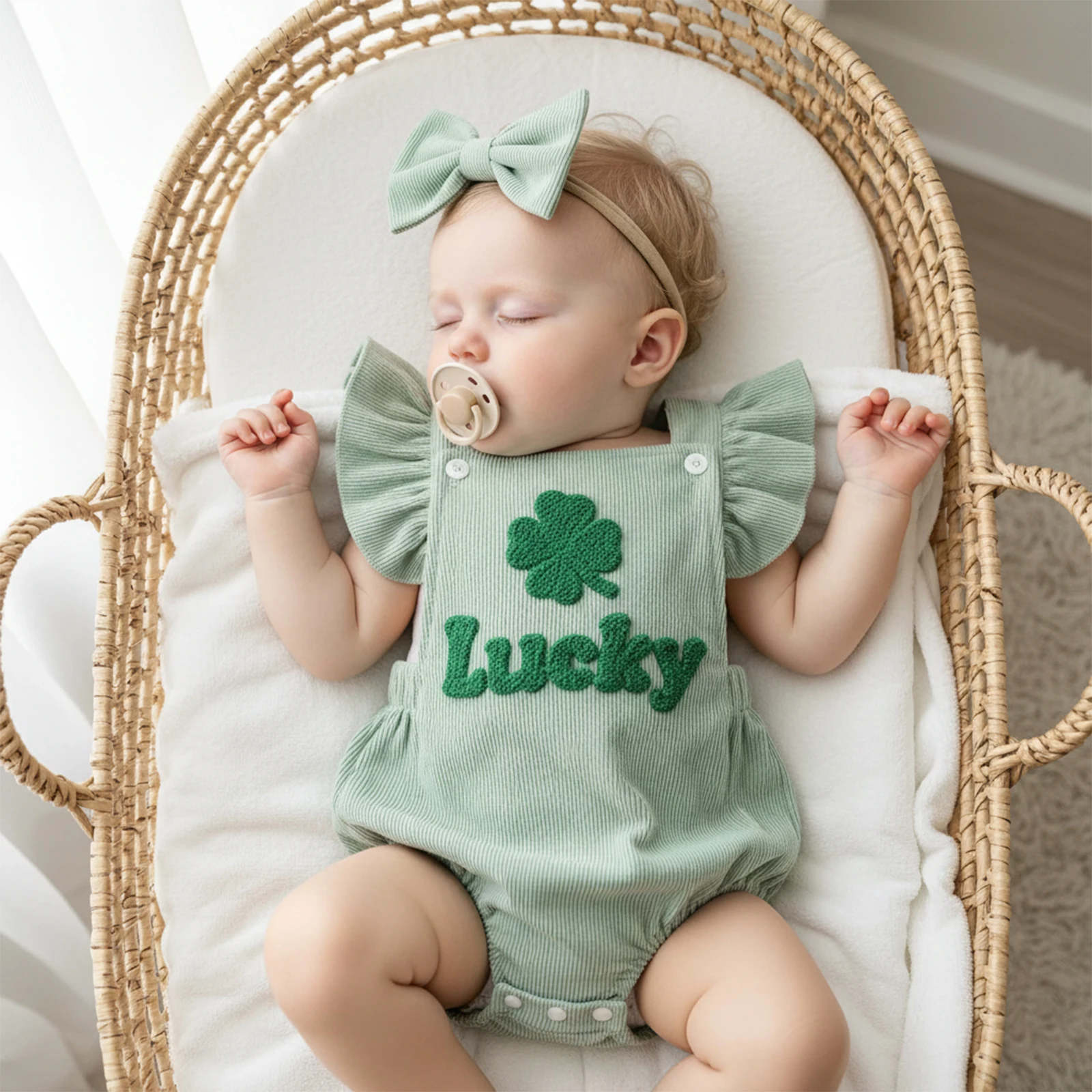 Baby Girl St. Patrick's Day 2Pcs Outfits Ruffle Fly Sleeve Square Neck Shamrock Embroidery Romper with Headband Spring 2Pcs Set