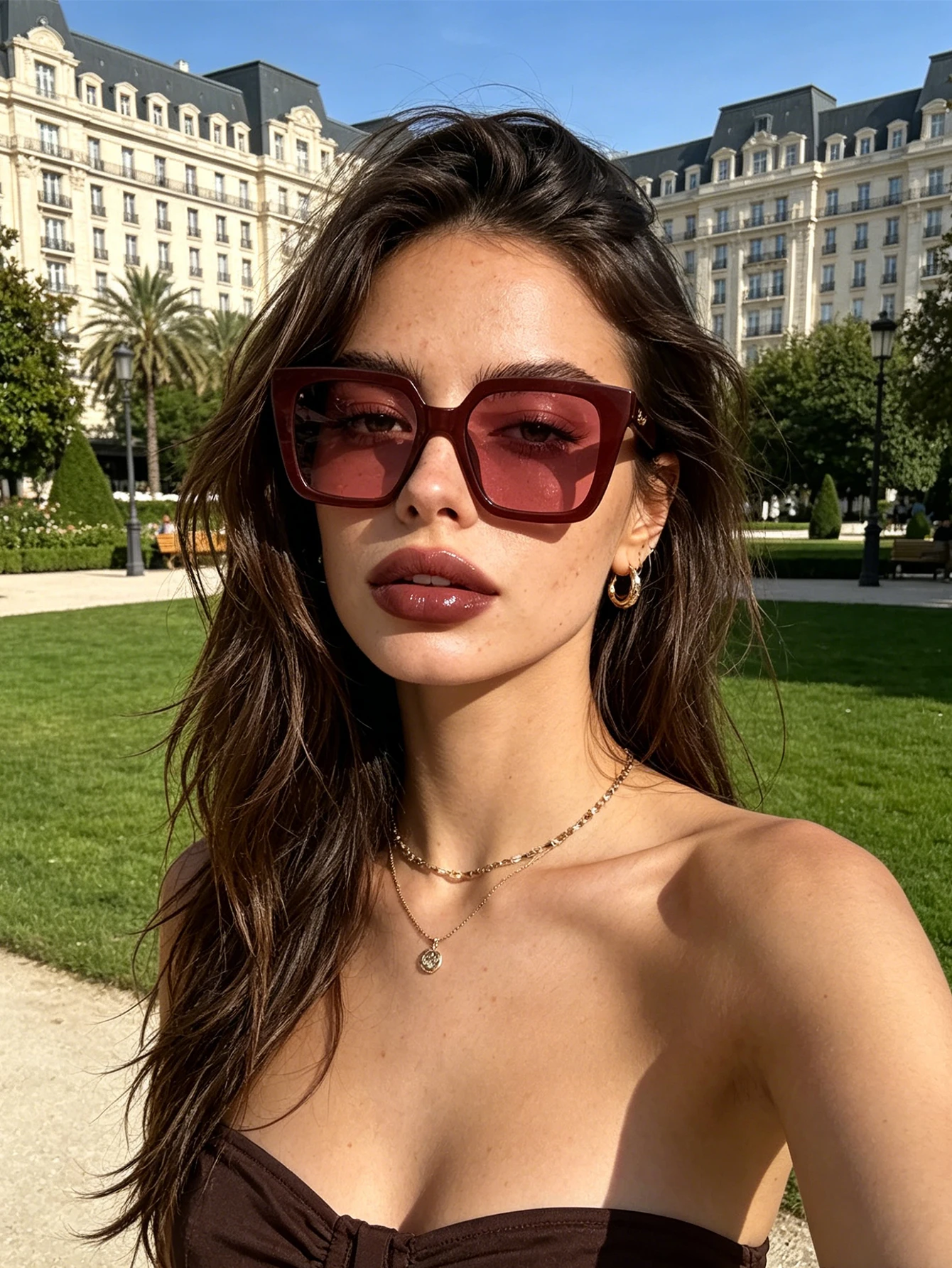 1Pc Niche High-End Large Square Sunglasses, Burgundy Frame, Translucent Pink Lenses, Stylish for Hot Girls' Outfits and Photos