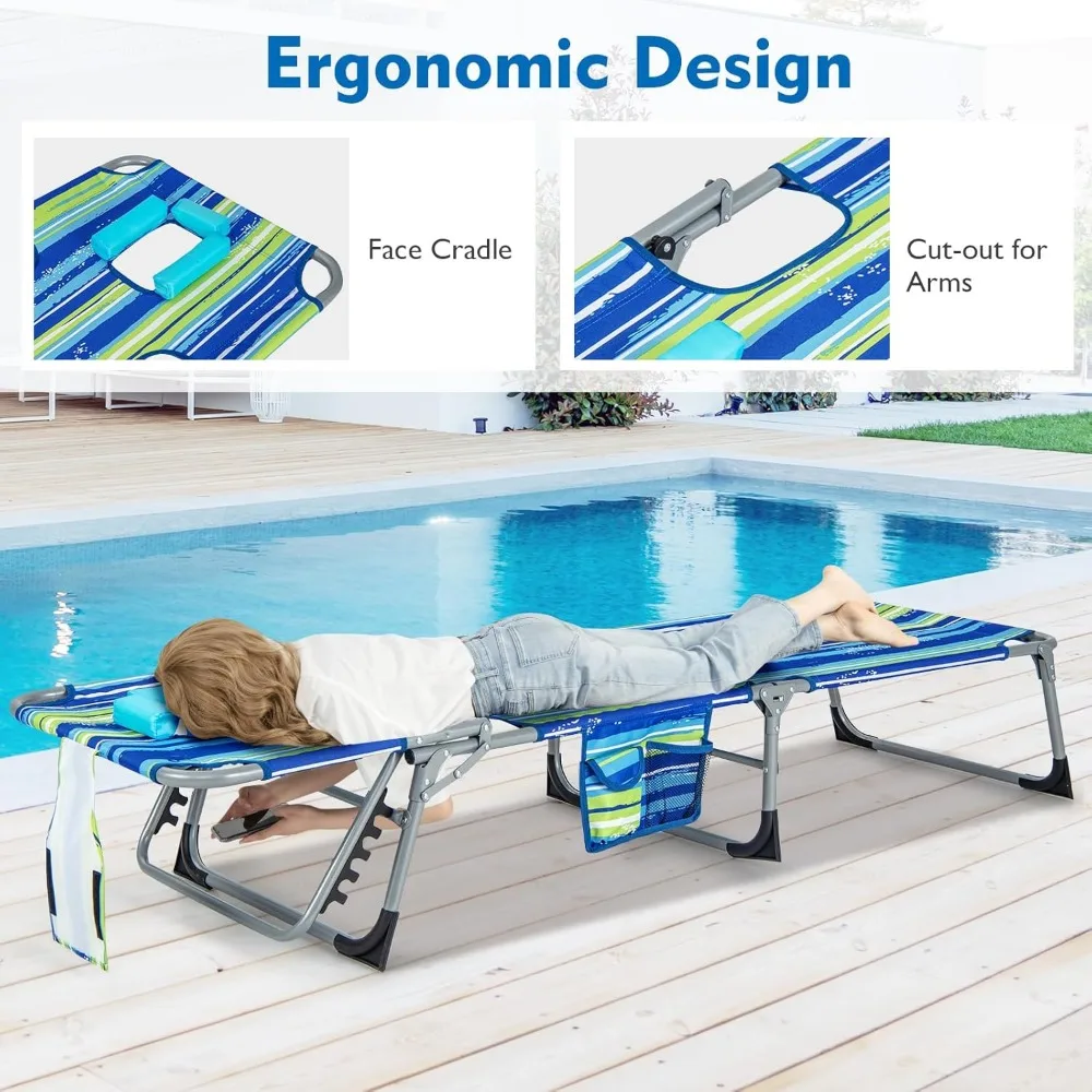 كرسي استرخاء قابل للطي قابل للتعديل مع فتحة ذراع للوجه، وسادة قابلة للغسل، جيب، مقبض حمل، وكراسي حمام سباحة تدوم طويلاً