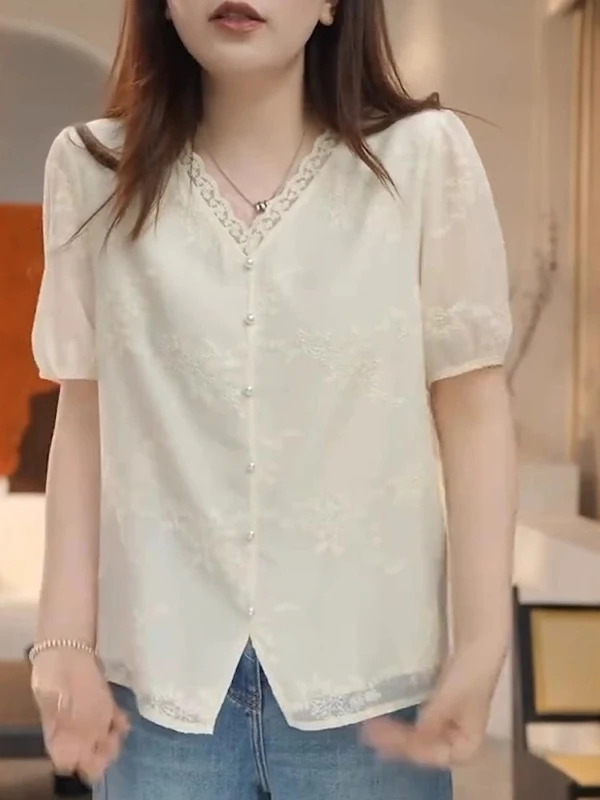 

Faionable V-Ne Lace Patchwork ort Sve irt Women's plus Size Commute Sle Korean Loose Fit Regular Thin Summe...