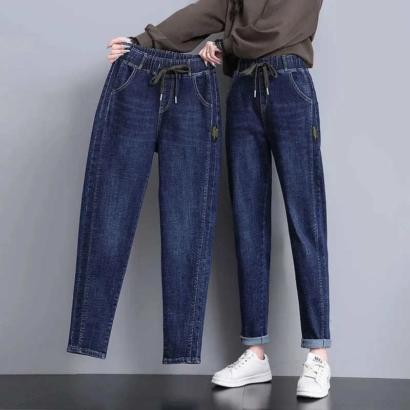 Elastic High Waist Women Casual Jeans Spring Autumn Large Size Loose Denim Harun Trousers Casual Cotton All-match Cowboy Pants