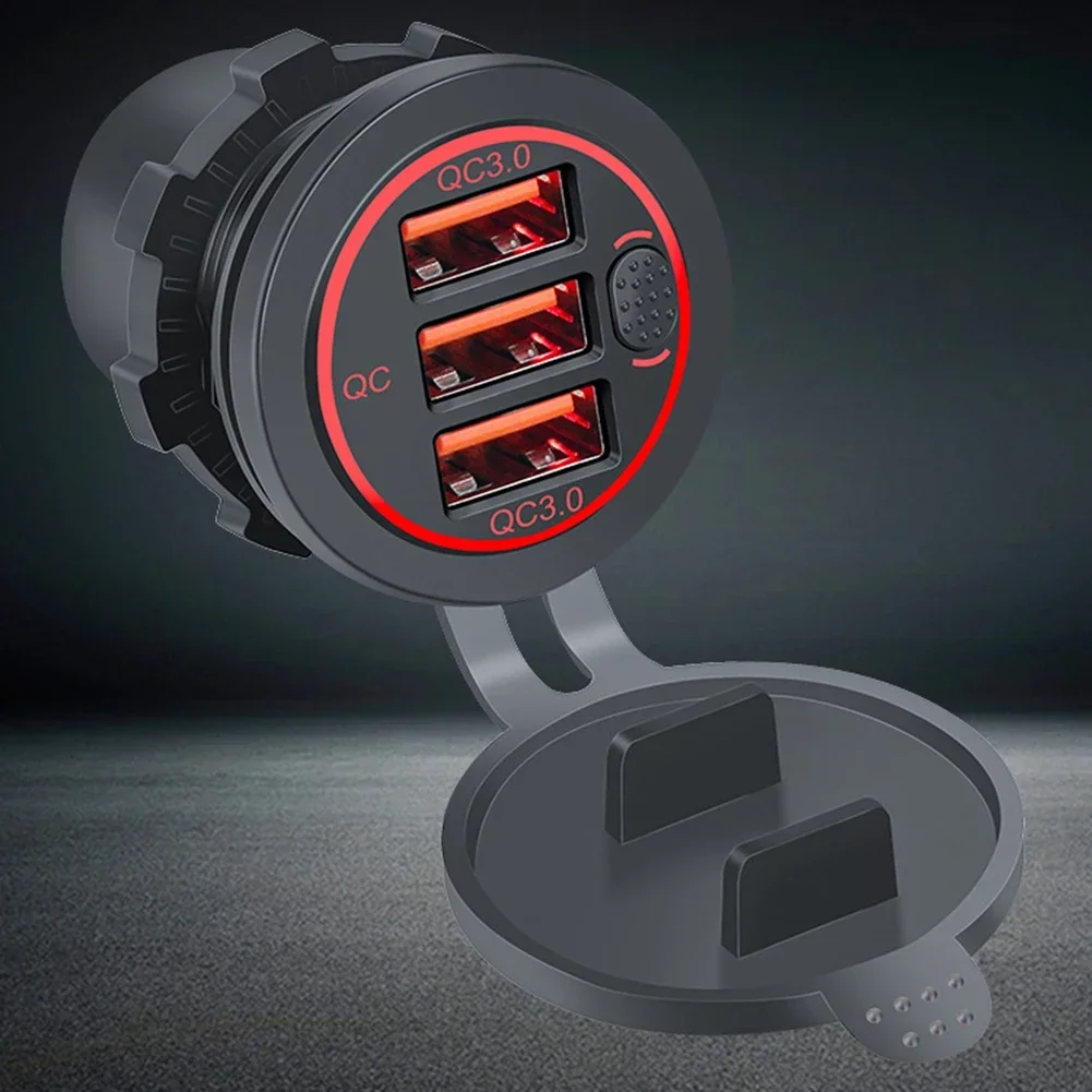 Adaptador de carregador de carro 3usb 12/24v para qc3.0, tomada de carregamento rápido com interruptor chave ip66, peças internas de carro de grau à prova d'água