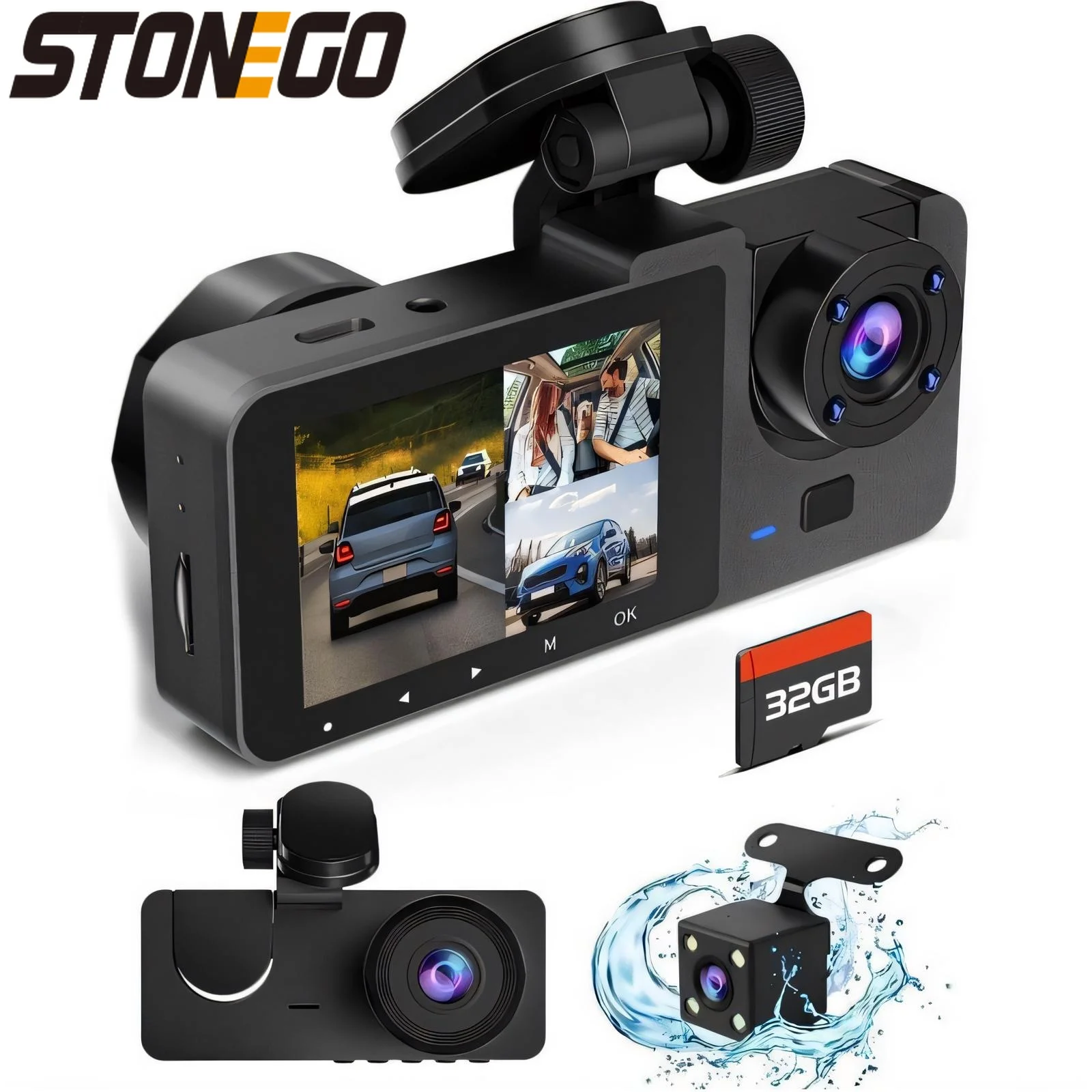 STONEGO Dashcam 3 Channel Simultaneous Recording, Monitor Front Road, Cabin Interior & Rear Window in HD 1080P, Car DVR