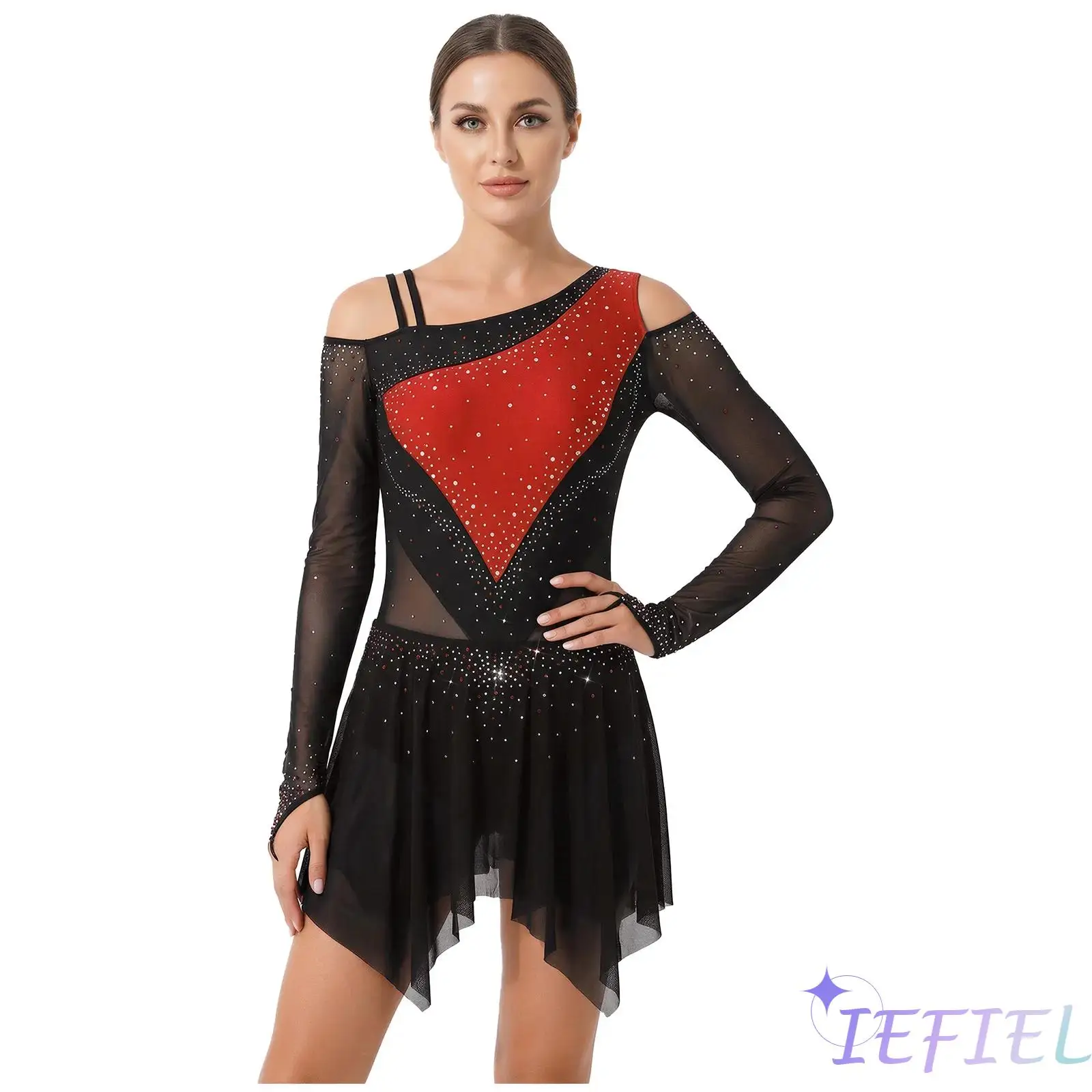 

Women Modern Lyrical Dance Dress Asymmetrical Shoulder Long Sleeve Irregular Tiered Mesh Hem Leotard Dress Ice Skating Dancewear