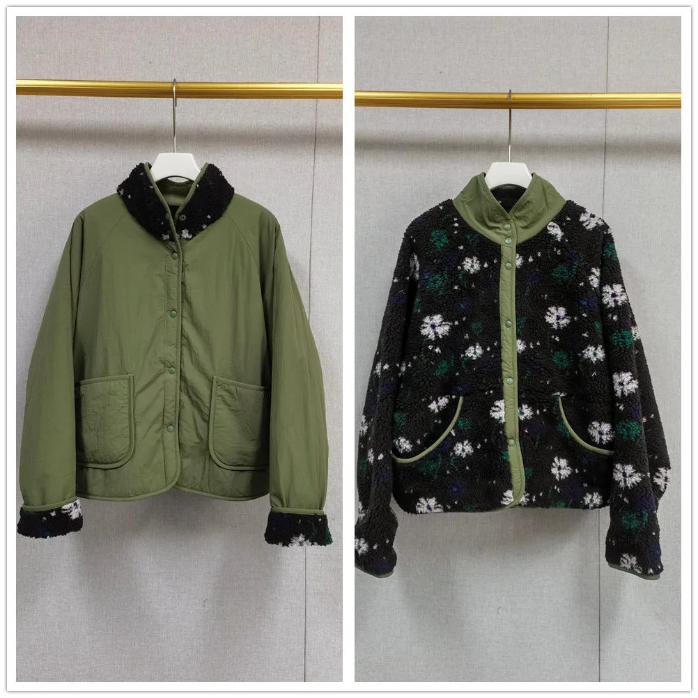 

Women's Warm Faux Lambswool Reversible Coat with Stand Collar Floral Print Single Breasted Fall Winter Jacket