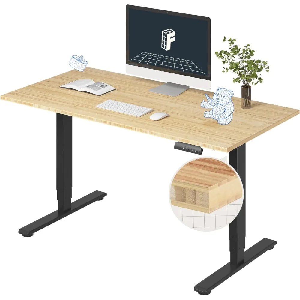 Essential Bamboo 3 Stages Dual Motor 55x28 Inch Electric Height Adjustable Standing Desk Whole-Piece Board Desk