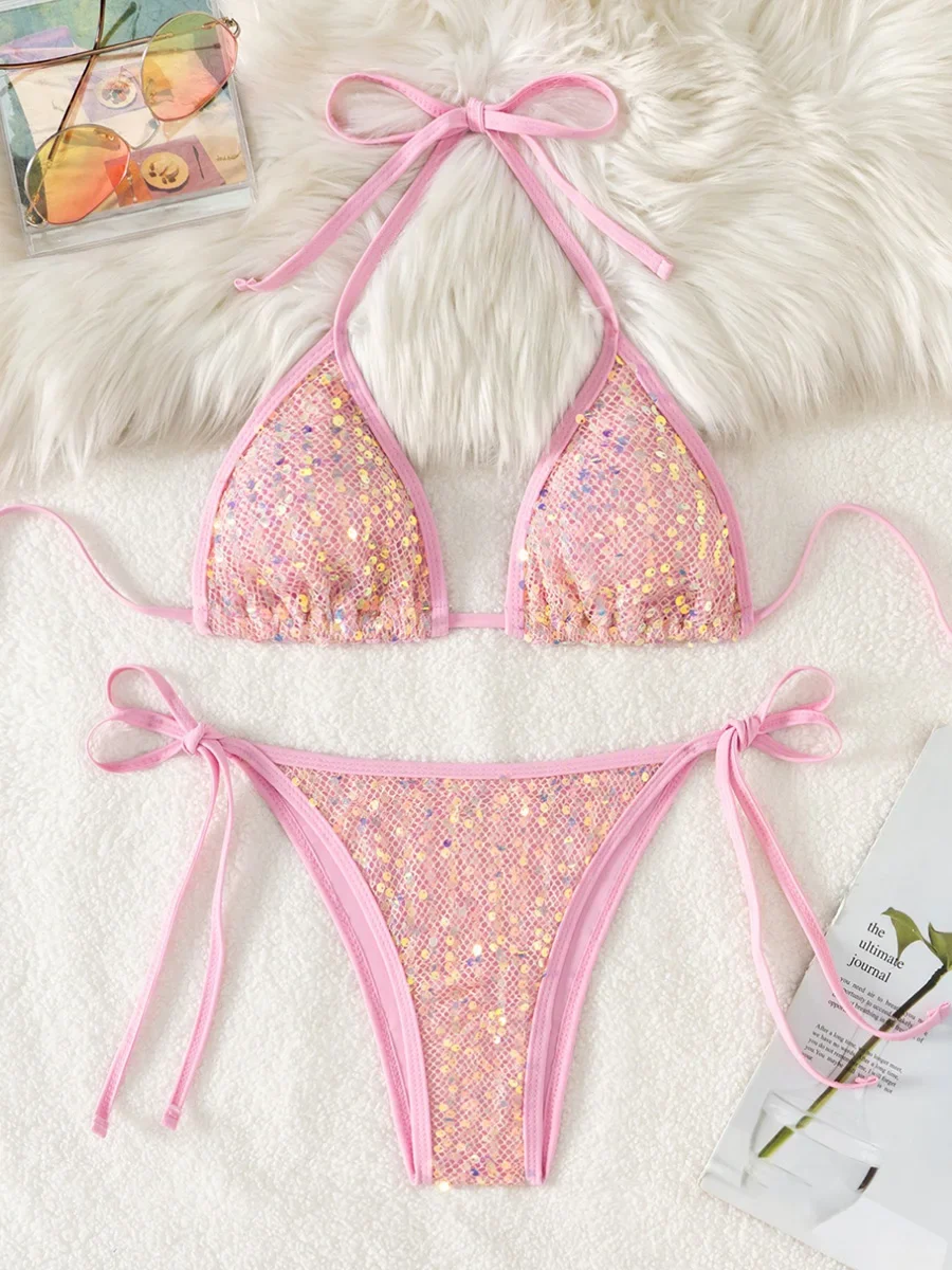 

Блестящий купальник с пайетками, с высоким вырезом на бедрах, женский, раздельный, из двух частей, для плавания